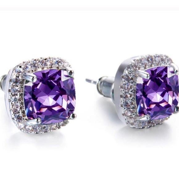 925 Silver Amethyst & Sapphire Halo Cut Earrings - Picture 1 of 12